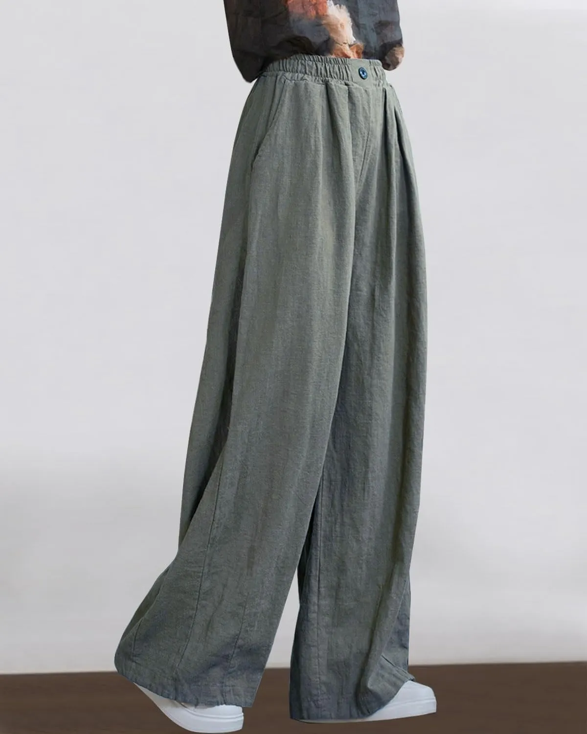 Women's Linen Wide Leg Long Pants Casual Elastic Waist Summer Palazzo Trousers with Pockets