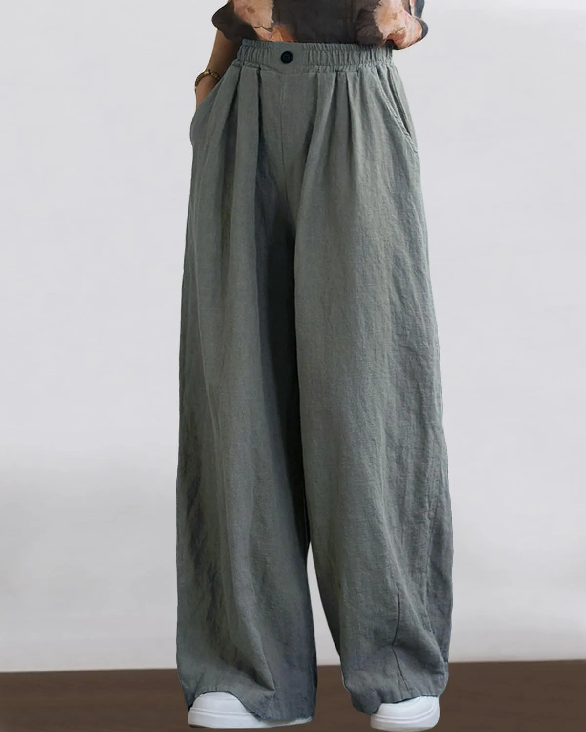 Women's Linen Wide Leg Long Pants Casual Elastic Waist Summer Palazzo Trousers with Pockets