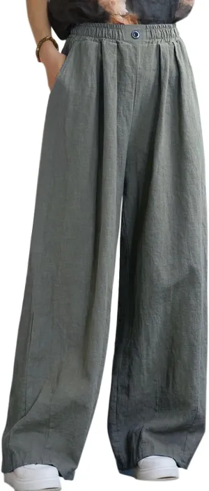Women's Linen Wide Leg Long Pants Casual Elastic Waist Summer Palazzo Trousers with Pockets