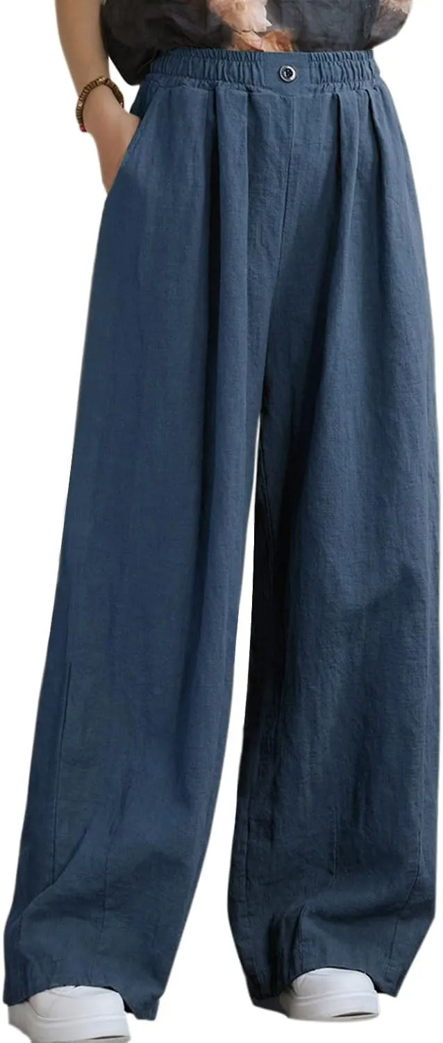 Women's Linen Wide Leg Long Pants Casual Elastic Waist Summer Palazzo Trousers with Pockets
