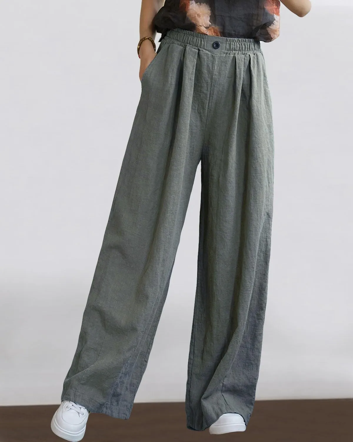 Women's Linen Wide Leg Long Pants Casual Elastic Waist Summer Palazzo Trousers with Pockets