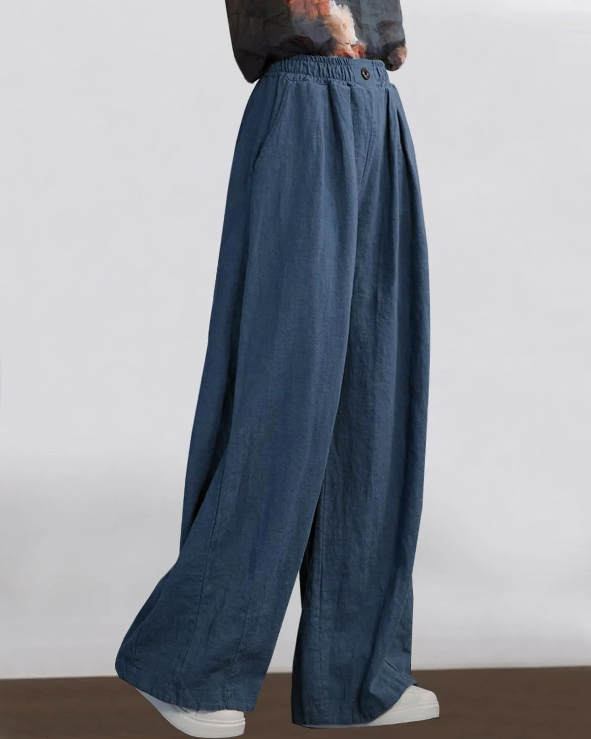 Women's Linen Wide Leg Long Pants Casual Elastic Waist Summer Palazzo Trousers with Pockets