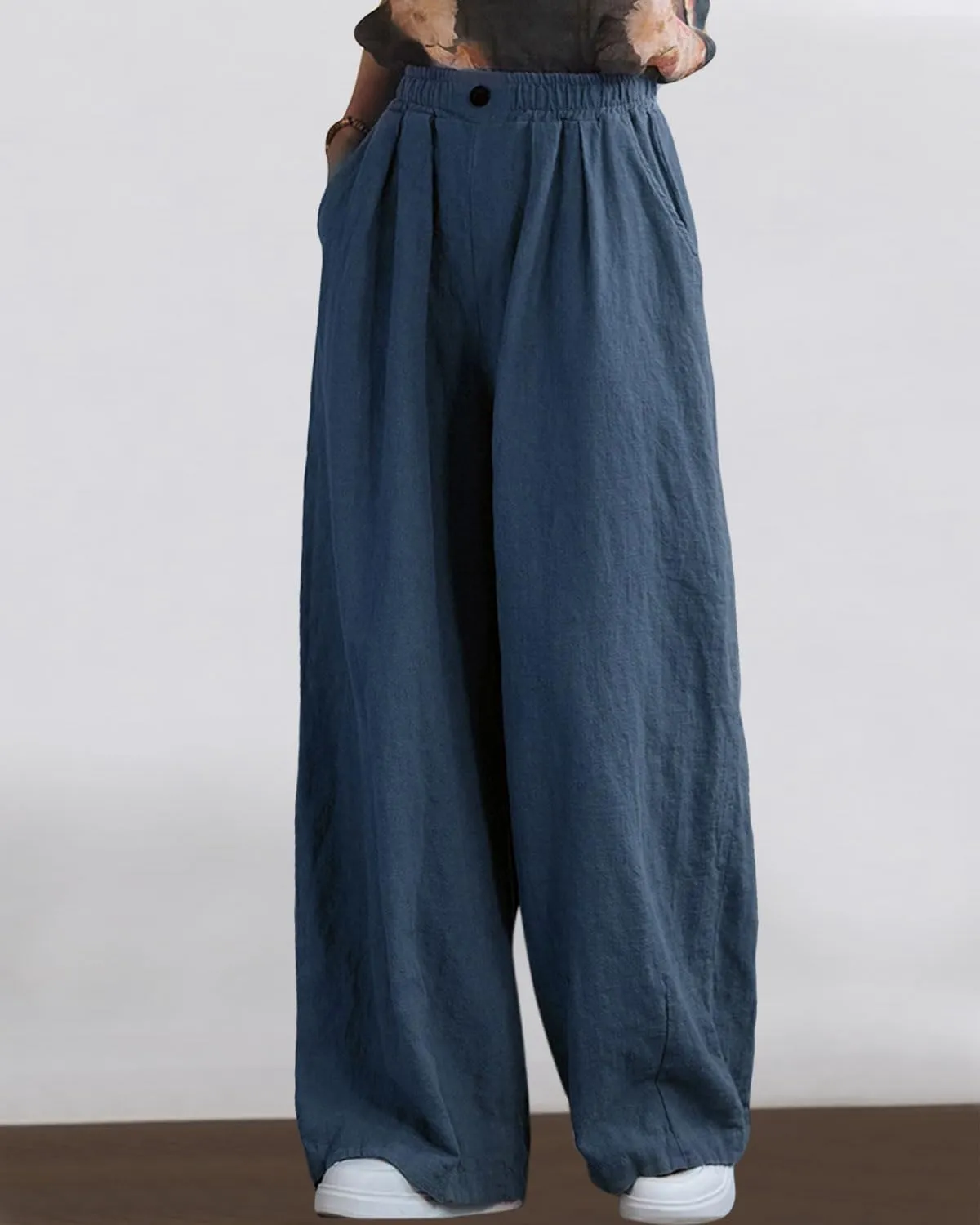 Women's Linen Wide Leg Long Pants Casual Elastic Waist Summer Palazzo Trousers with Pockets