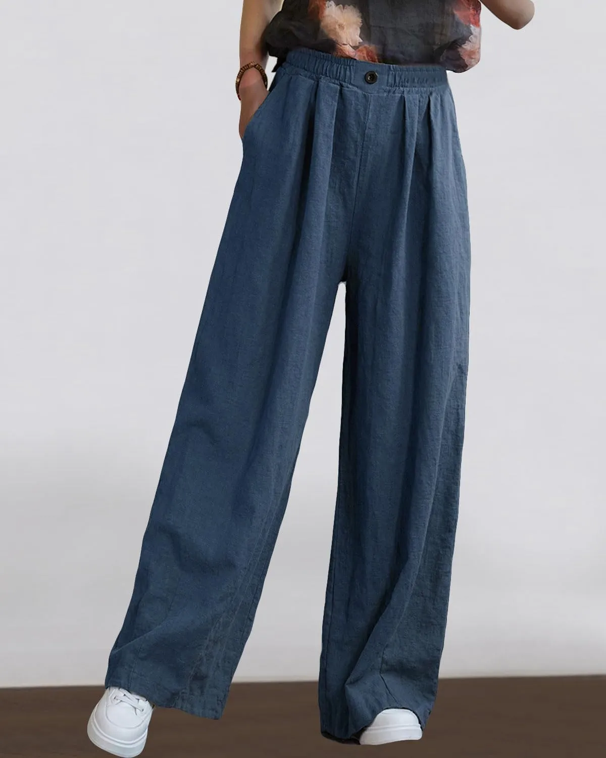 Women's Linen Wide Leg Long Pants Casual Elastic Waist Summer Palazzo Trousers with Pockets