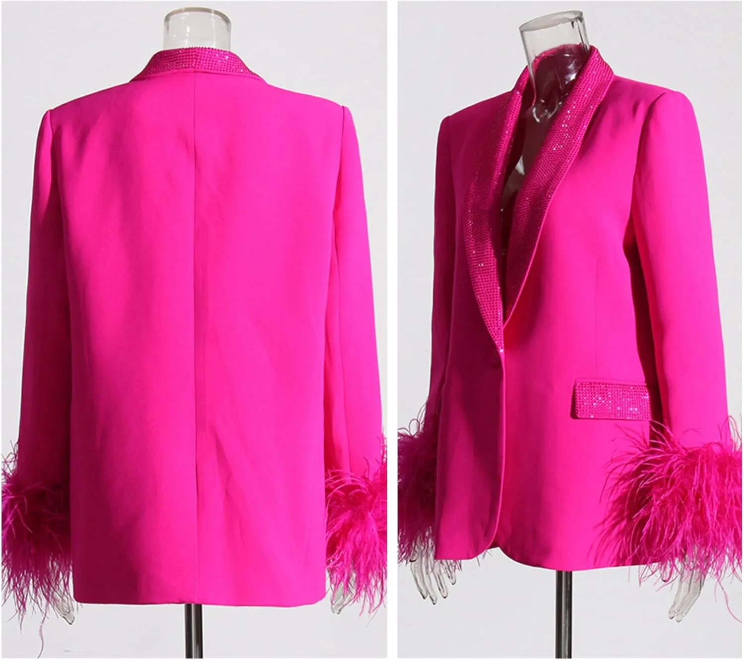 Womens Long Sleeve Casual Blazers Hot Rhinestones On Lapels Button Jacket Lapel Collar with Feather