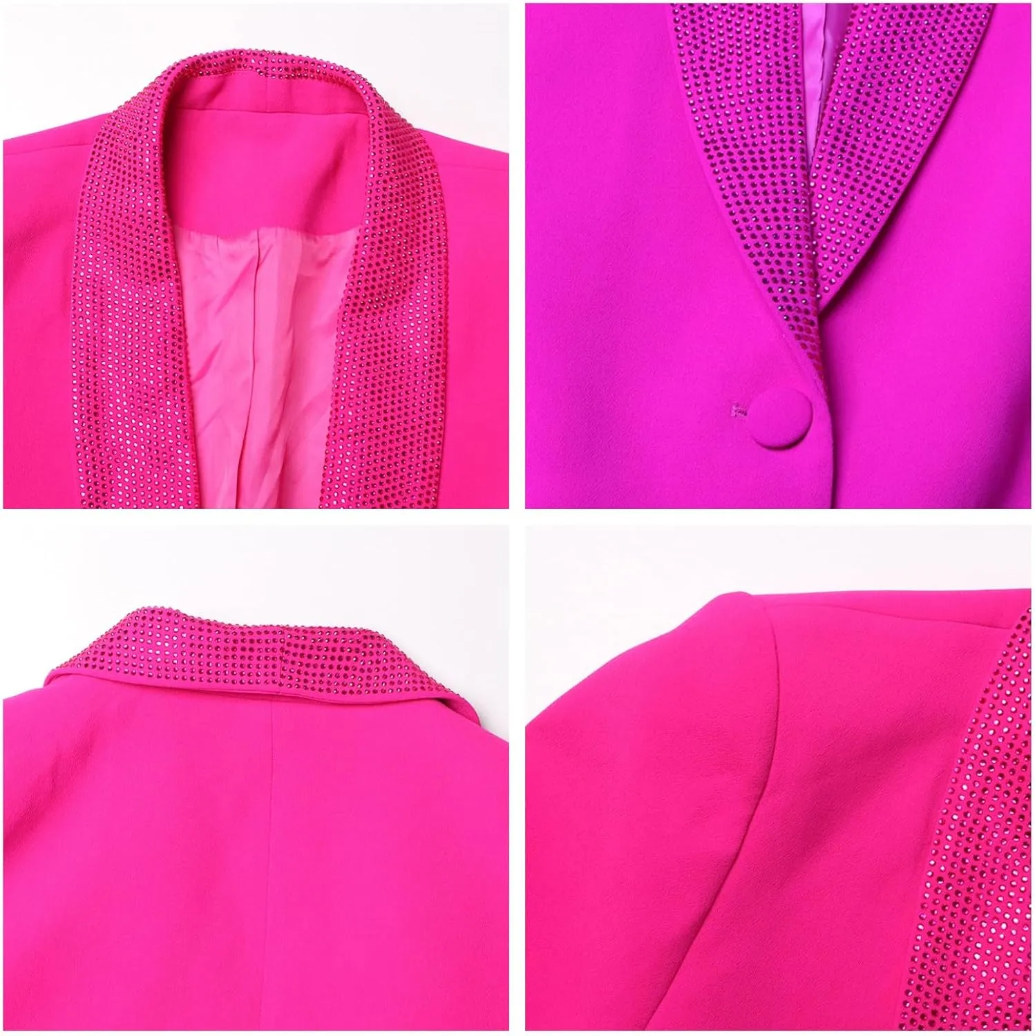 Womens Long Sleeve Casual Blazers Hot Rhinestones On Lapels Button Jacket Lapel Collar with Feather