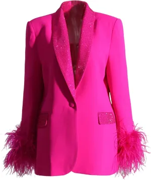 Womens Long Sleeve Casual Blazers Hot Rhinestones On Lapels Button Jacket Lapel Collar with Feather