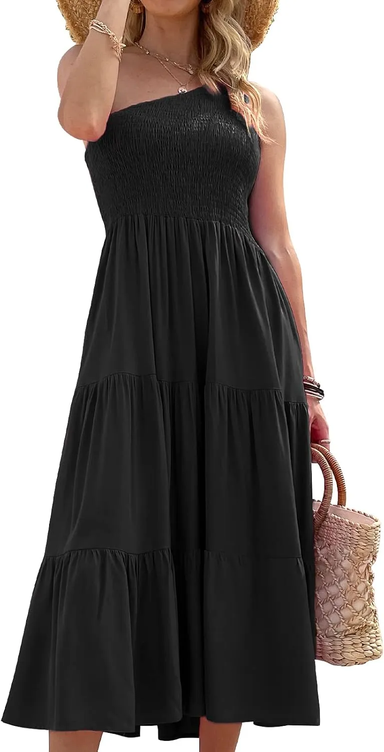 Women's One Shoulder Summer Casual Dresses Beach Vacation Travel Boho Sleeveless Smocked Maxi Long Dress