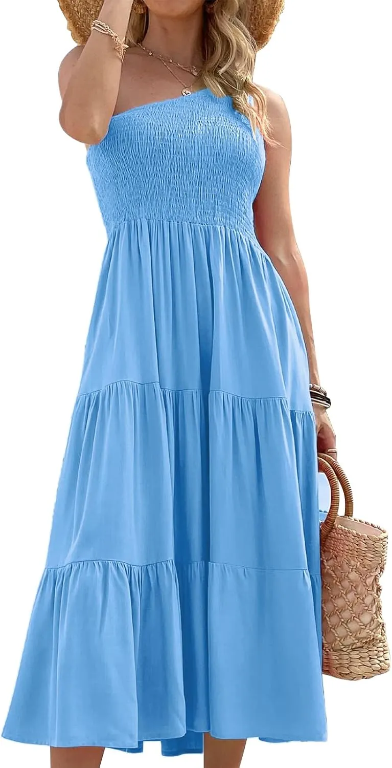 Women's One Shoulder Summer Casual Dresses Beach Vacation Travel Boho Sleeveless Smocked Maxi Long Dress