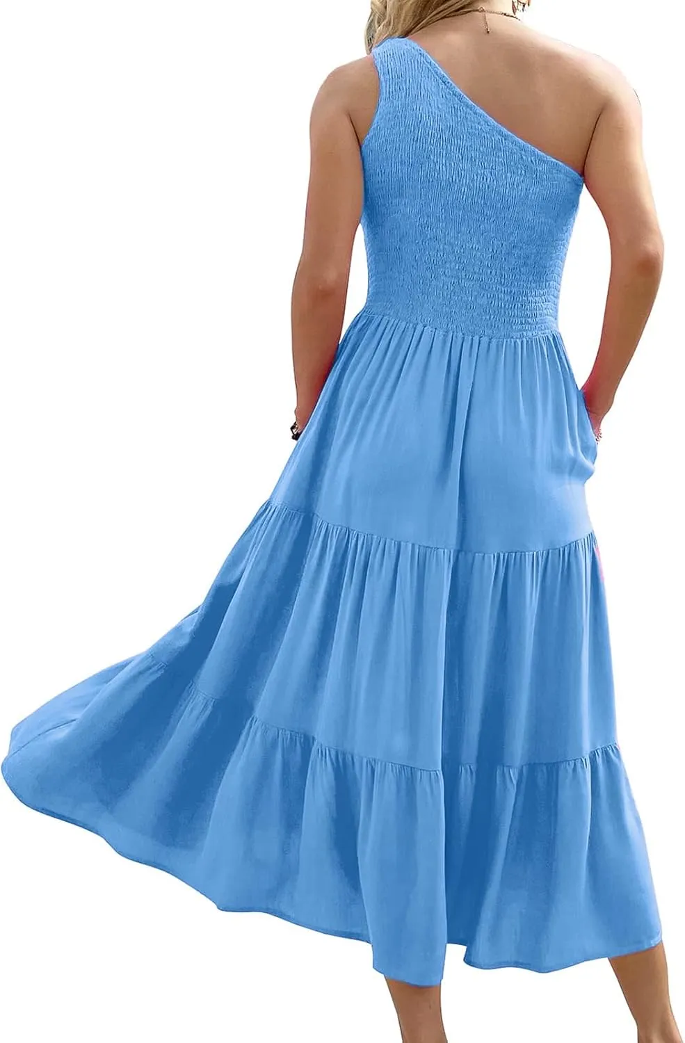 Women's One Shoulder Summer Casual Dresses Beach Vacation Travel Boho Sleeveless Smocked Maxi Long Dress