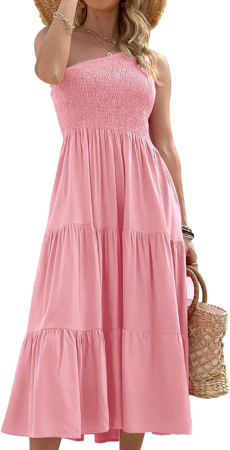 Women's One Shoulder Summer Casual Dresses Beach Vacation Travel Boho Sleeveless Smocked Maxi Long Dress