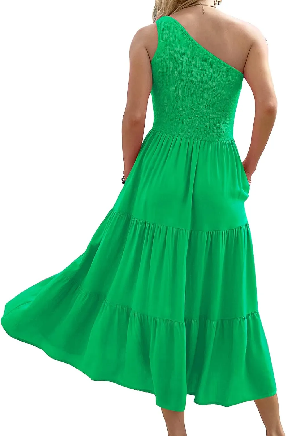 Women's One Shoulder Summer Casual Dresses Beach Vacation Travel Boho Sleeveless Smocked Maxi Long Dress