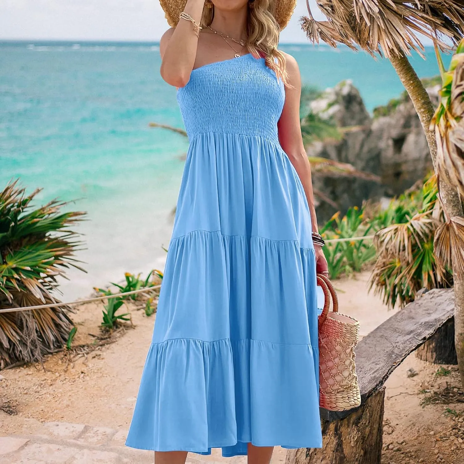 Women's One Shoulder Summer Casual Dresses Beach Vacation Travel Boho Sleeveless Smocked Maxi Long Dress
