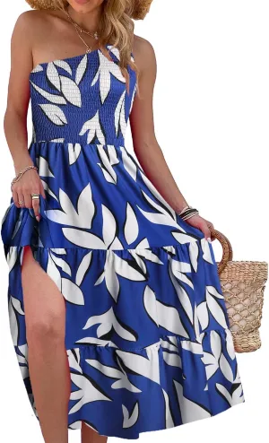 Women's One Shoulder Summer Casual Dresses Beach Vacation Travel Boho Sleeveless Smocked Maxi Long Dress