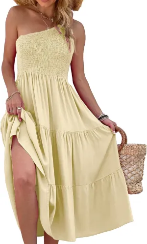 Women's One Shoulder Summer Casual Dresses Beach Vacation Travel Boho Sleeveless Smocked Maxi Long Dress