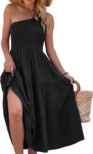 Women's One Shoulder Summer Casual Dresses Beach Vacation Travel Boho Sleeveless Smocked Maxi Long Dress