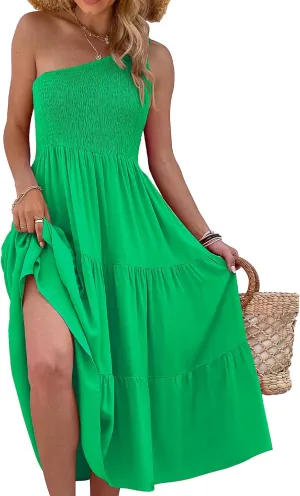 Women's One Shoulder Summer Casual Dresses Beach Vacation Travel Boho Sleeveless Smocked Maxi Long Dress
