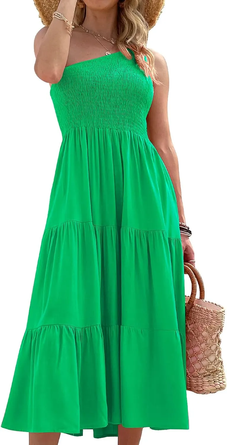 Women's One Shoulder Summer Casual Dresses Beach Vacation Travel Boho Sleeveless Smocked Maxi Long Dress