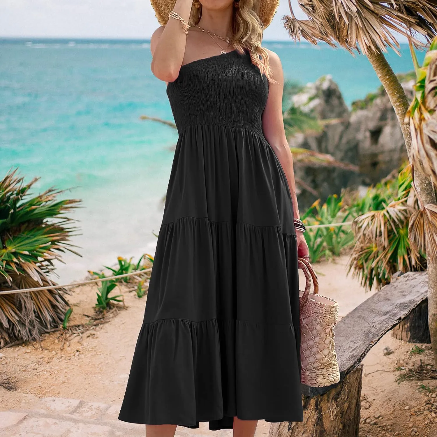 Women's One Shoulder Summer Casual Dresses Beach Vacation Travel Boho Sleeveless Smocked Maxi Long Dress
