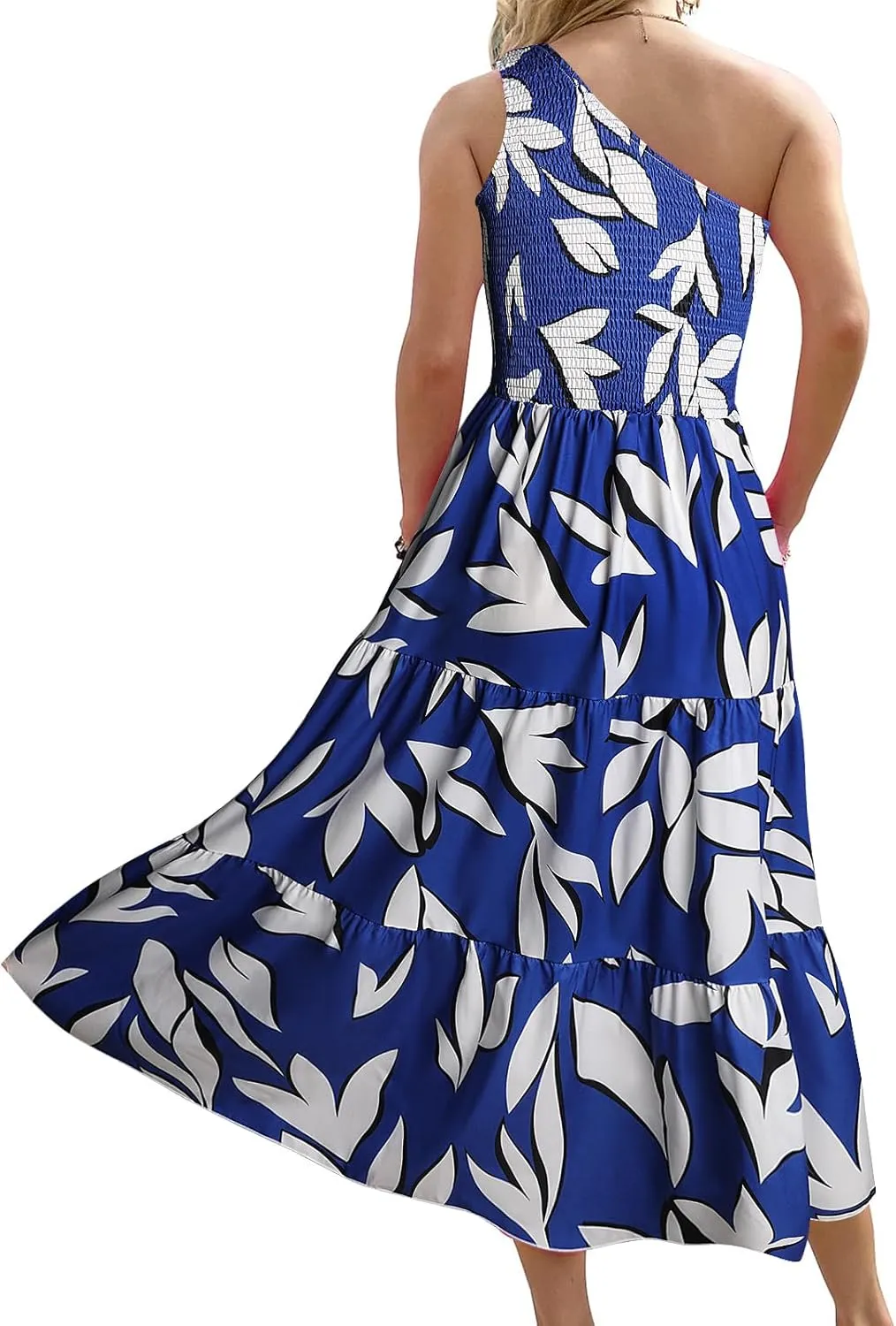 Women's One Shoulder Summer Casual Dresses Beach Vacation Travel Boho Sleeveless Smocked Maxi Long Dress
