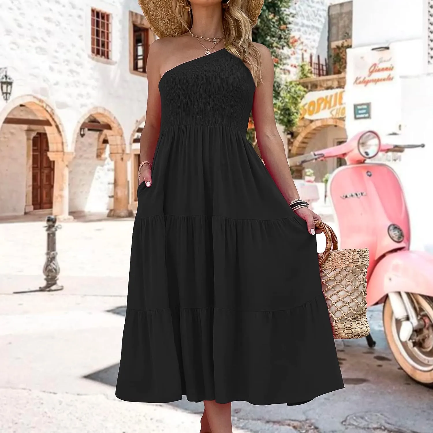Women's One Shoulder Summer Casual Dresses Beach Vacation Travel Boho Sleeveless Smocked Maxi Long Dress