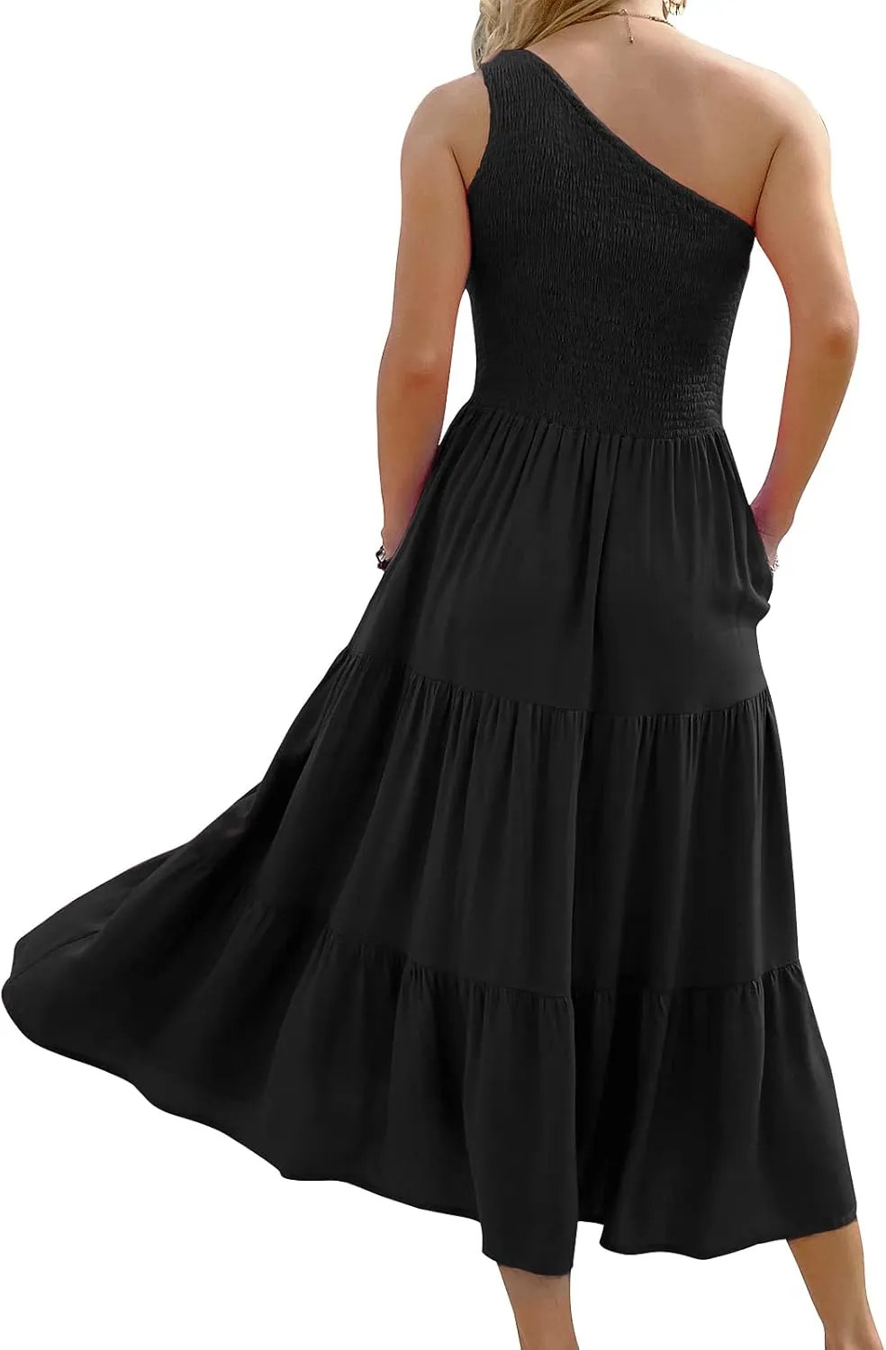 Women's One Shoulder Summer Casual Dresses Beach Vacation Travel Boho Sleeveless Smocked Maxi Long Dress