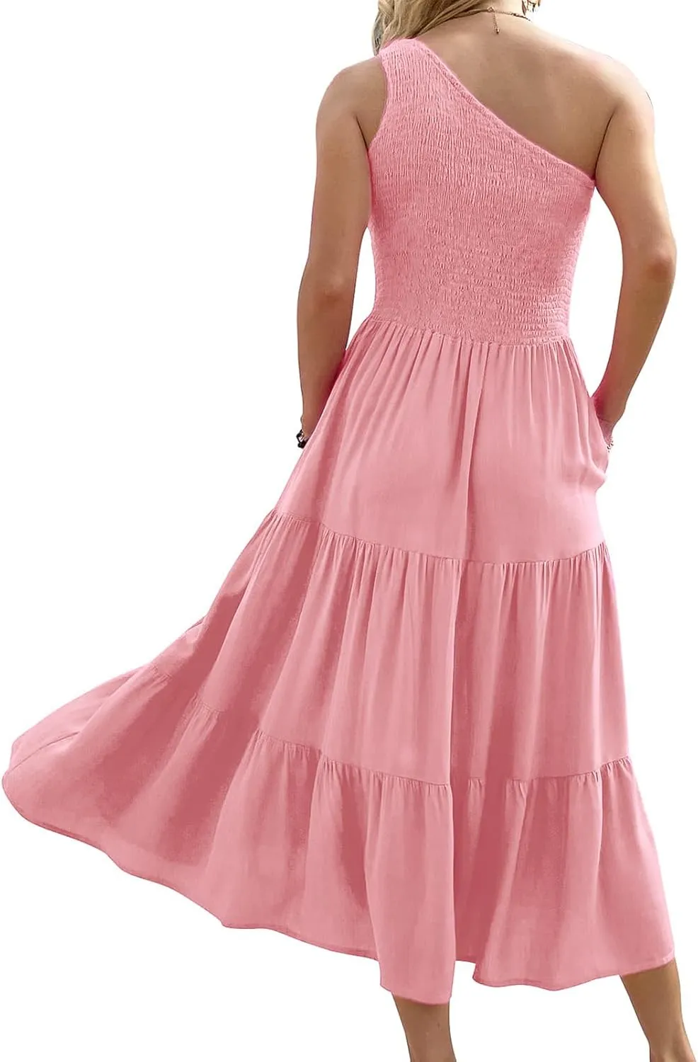 Women's One Shoulder Summer Casual Dresses Beach Vacation Travel Boho Sleeveless Smocked Maxi Long Dress