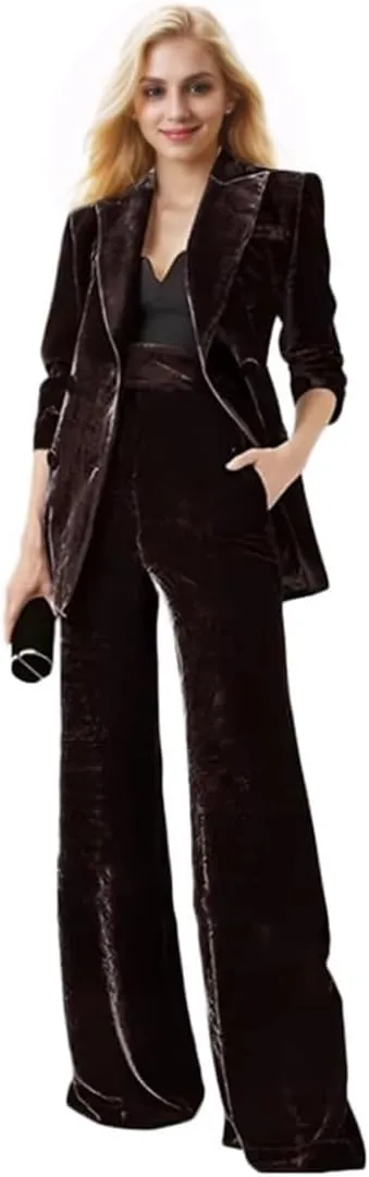 Womens Pant Suit Velvet 2 pcs Peak Lapel Double Breasted Women's Suiting for Work Professional