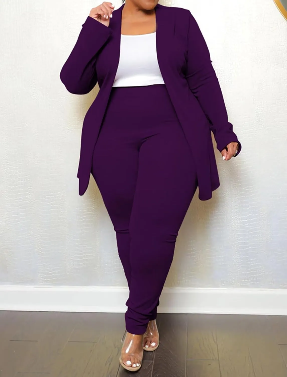Women's Plus SizeTwo Piece Open Front Long Sleeve Blazer and Elastic Waist Solid Pant Set Suit