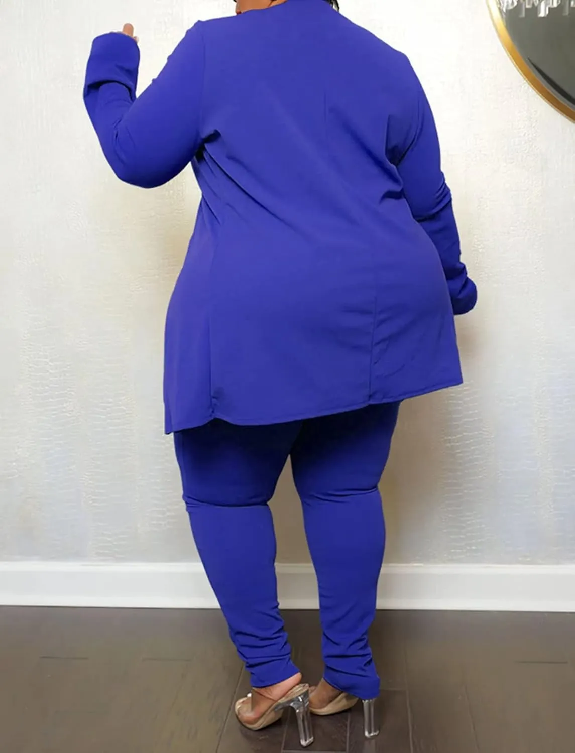 Women's Plus SizeTwo Piece Open Front Long Sleeve Blazer and Elastic Waist Solid Pant Set Suit