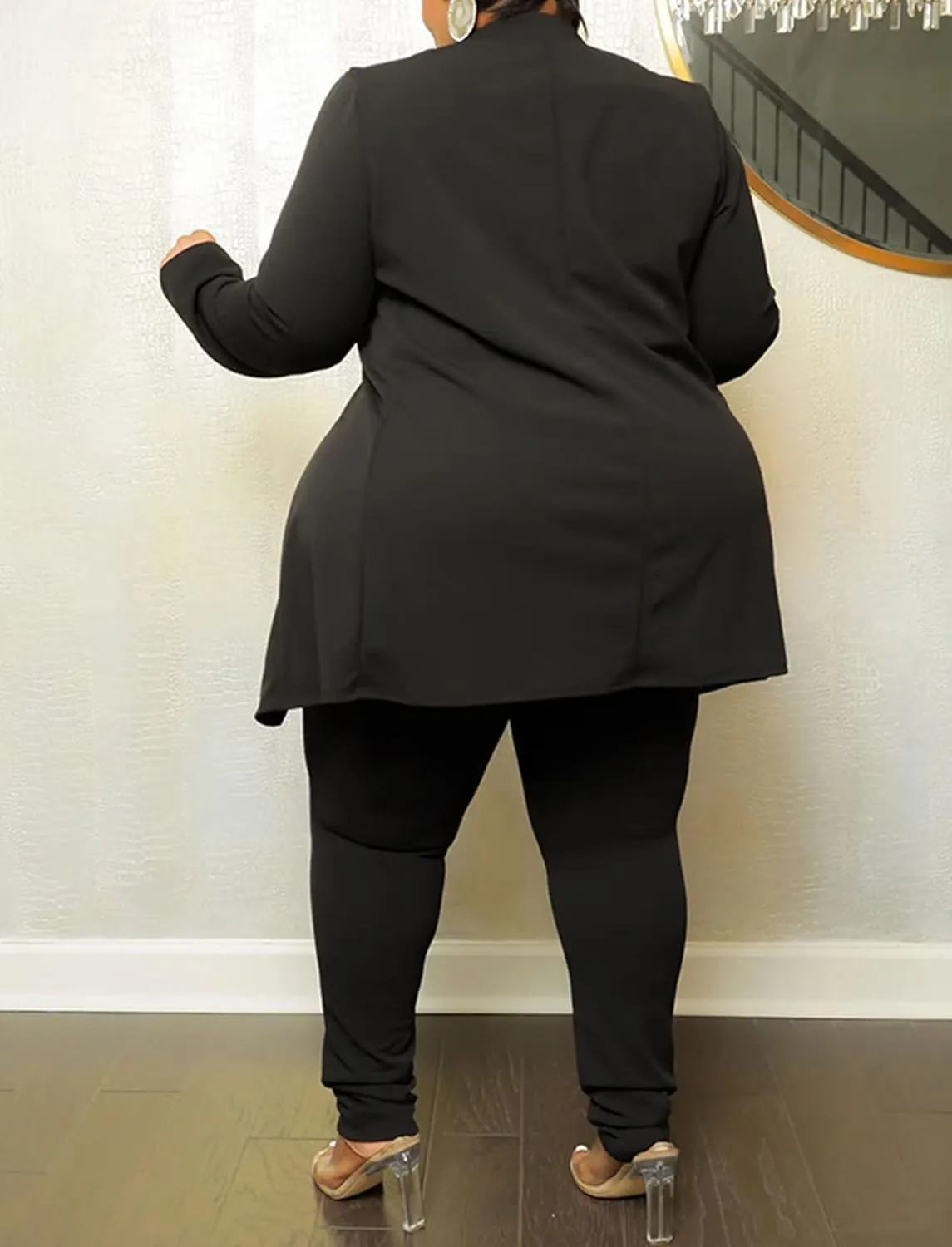 Women's Plus SizeTwo Piece Open Front Long Sleeve Blazer and Elastic Waist Solid Pant Set Suit
