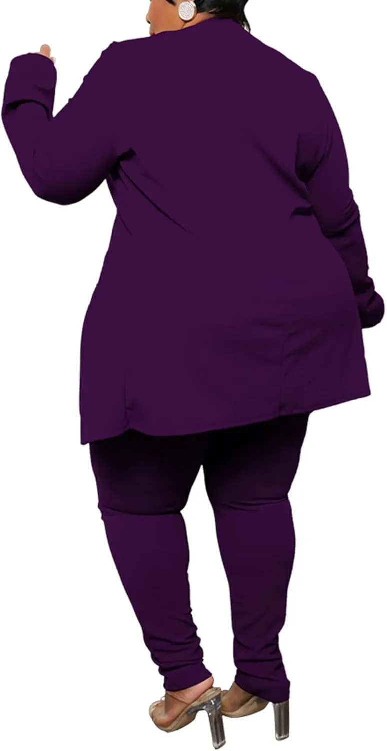 Women's Plus SizeTwo Piece Open Front Long Sleeve Blazer and Elastic Waist Solid Pant Set Suit