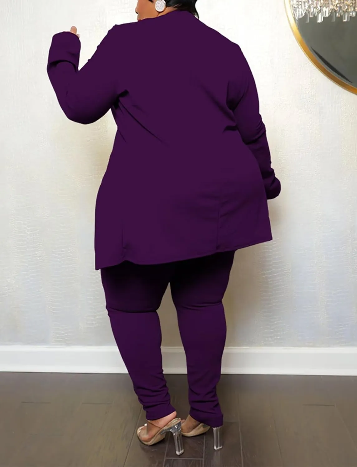 Women's Plus SizeTwo Piece Open Front Long Sleeve Blazer and Elastic Waist Solid Pant Set Suit