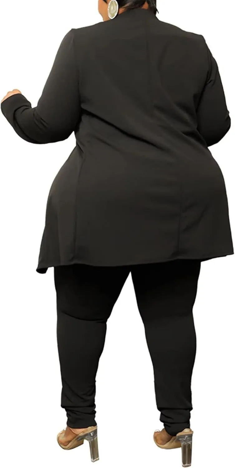Women's Plus SizeTwo Piece Open Front Long Sleeve Blazer and Elastic Waist Solid Pant Set Suit