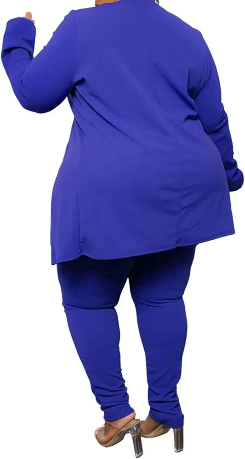 Women's Plus SizeTwo Piece Open Front Long Sleeve Blazer and Elastic Waist Solid Pant Set Suit