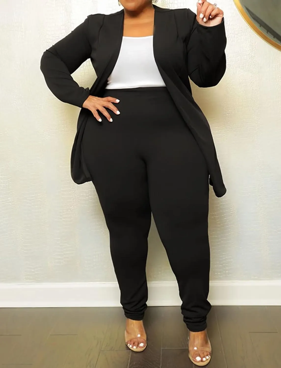 Women's Plus SizeTwo Piece Open Front Long Sleeve Blazer and Elastic Waist Solid Pant Set Suit