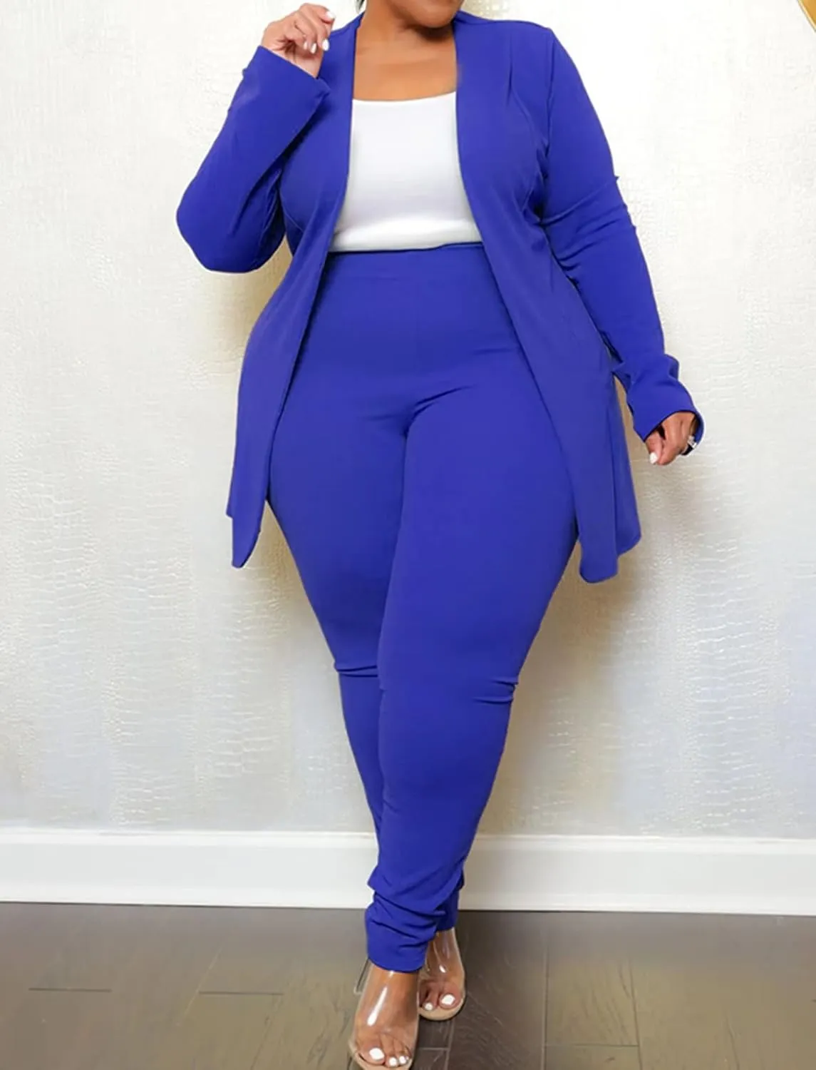 Women's Plus SizeTwo Piece Open Front Long Sleeve Blazer and Elastic Waist Solid Pant Set Suit