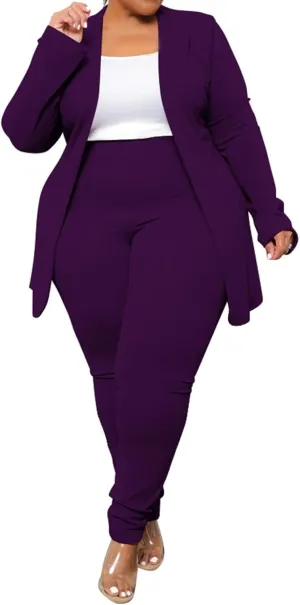 Women's Plus SizeTwo Piece Open Front Long Sleeve Blazer and Elastic Waist Solid Pant Set Suit