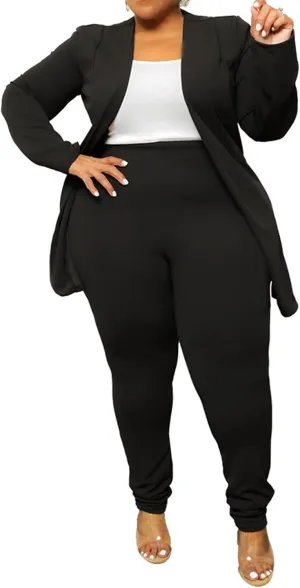Women's Plus SizeTwo Piece Open Front Long Sleeve Blazer and Elastic Waist Solid Pant Set Suit