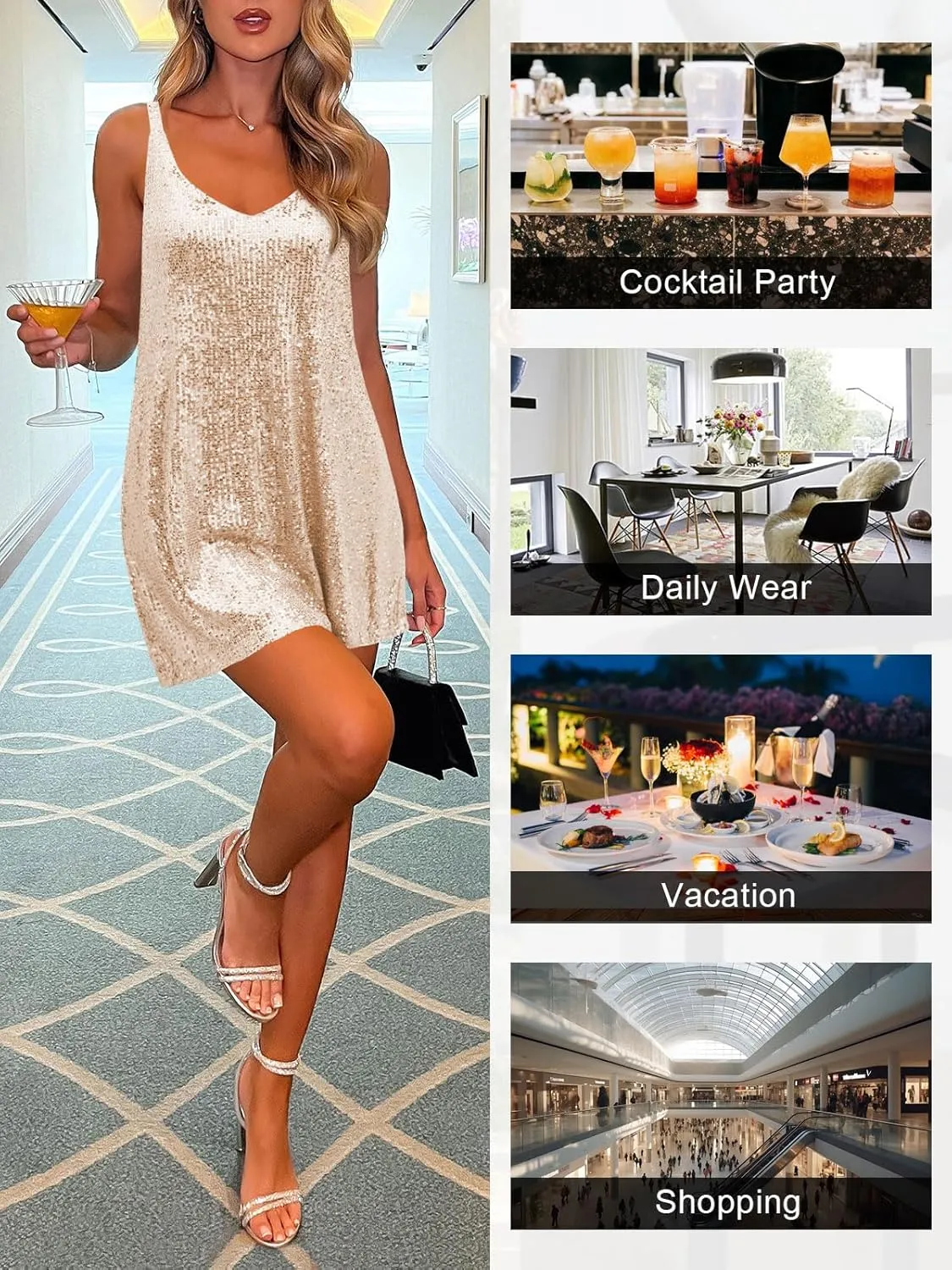 Women's Sequin Dress for Women Sparkly Glitter V Neck Shift Cocktail Disco Outfit Party Club Night Out Mini Dresses