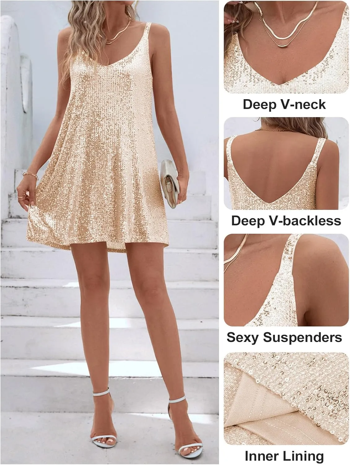 Women's Sequin Dress for Women Sparkly Glitter V Neck Shift Cocktail Disco Outfit Party Club Night Out Mini Dresses