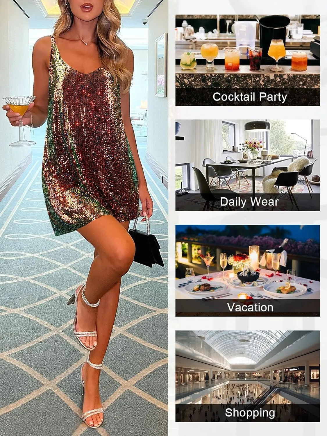 Women's Sequin Dress for Women Sparkly Glitter V Neck Shift Cocktail Disco Outfit Party Club Night Out Mini Dresses