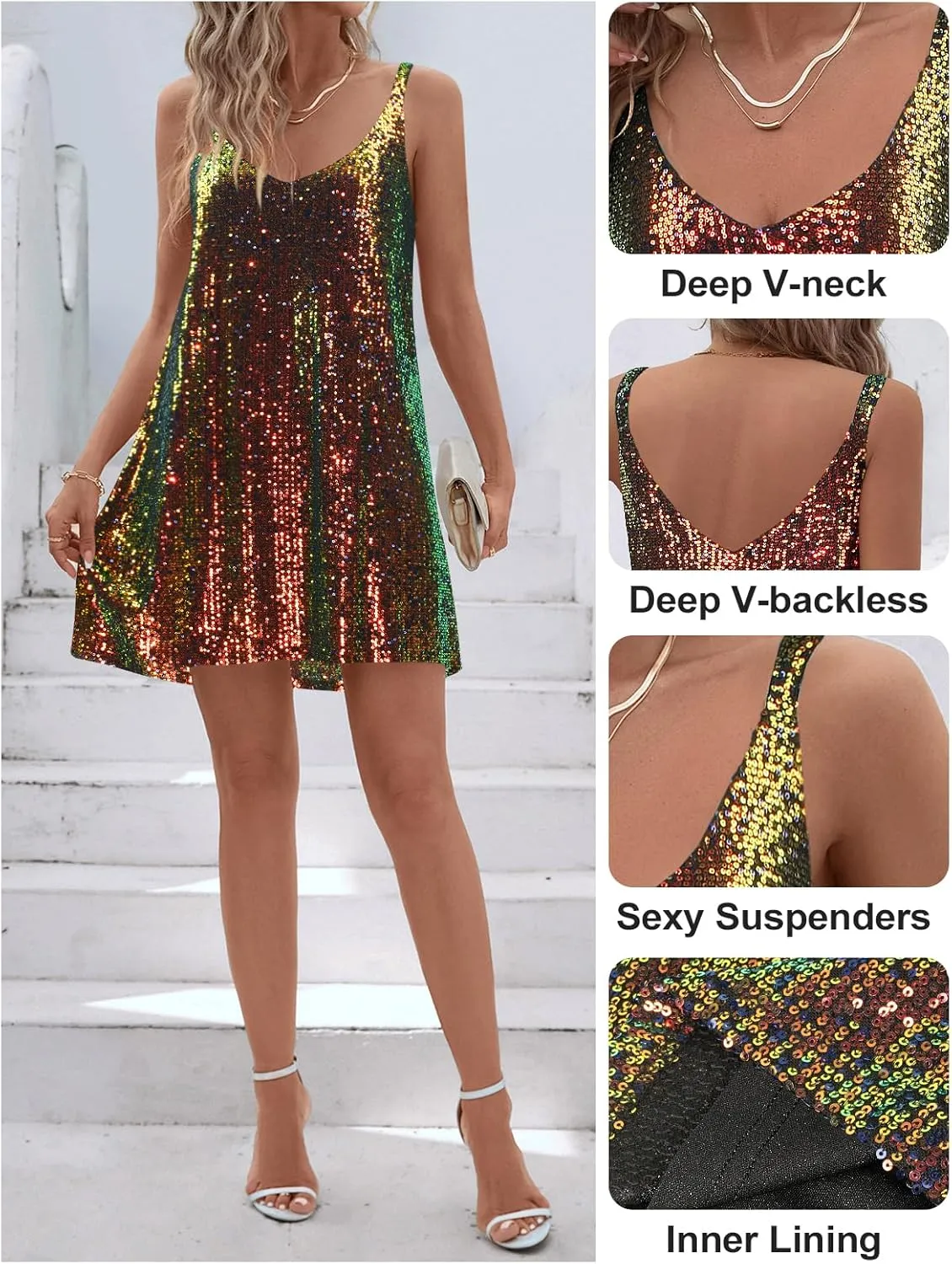 Women's Sequin Dress for Women Sparkly Glitter V Neck Shift Cocktail Disco Outfit Party Club Night Out Mini Dresses