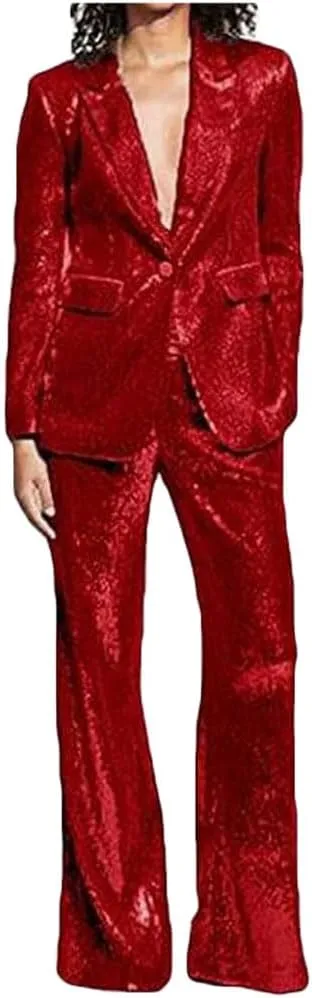Women's Sequined Fashion Suit Set One Button 2 Piece Wedding Tuxedos Blazer Pants Prom Party Outfit