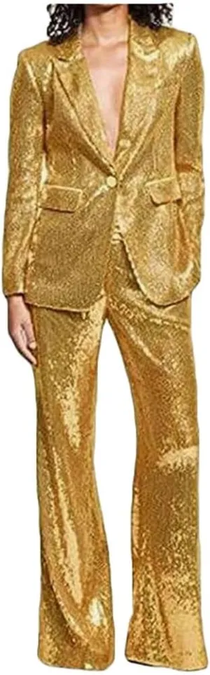 Women's Sequined Fashion Suit Set One Button 2 Piece Wedding Tuxedos Blazer Pants Prom Party Outfit