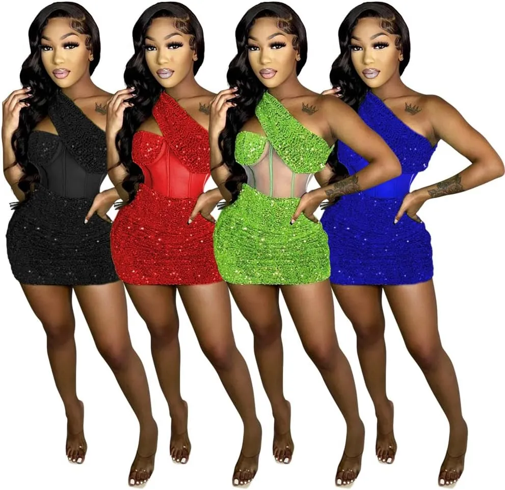 Women's Sexy Elegant Bodycon Dress Party Club Night Outfit Hot Drilling Mini Dress Clubwear