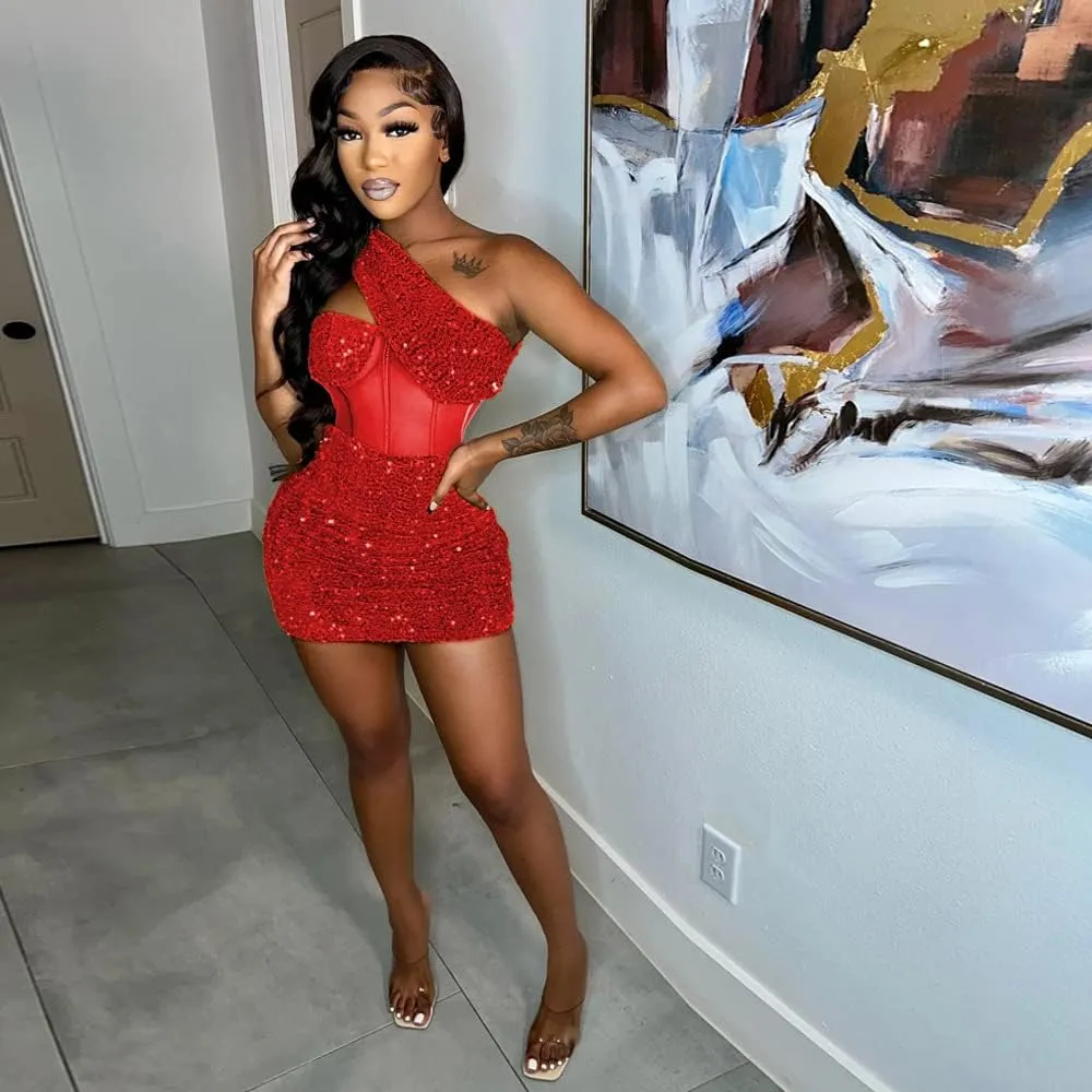Women's Sexy Elegant Bodycon Dress Party Club Night Outfit Hot Drilling Mini Dress Clubwear