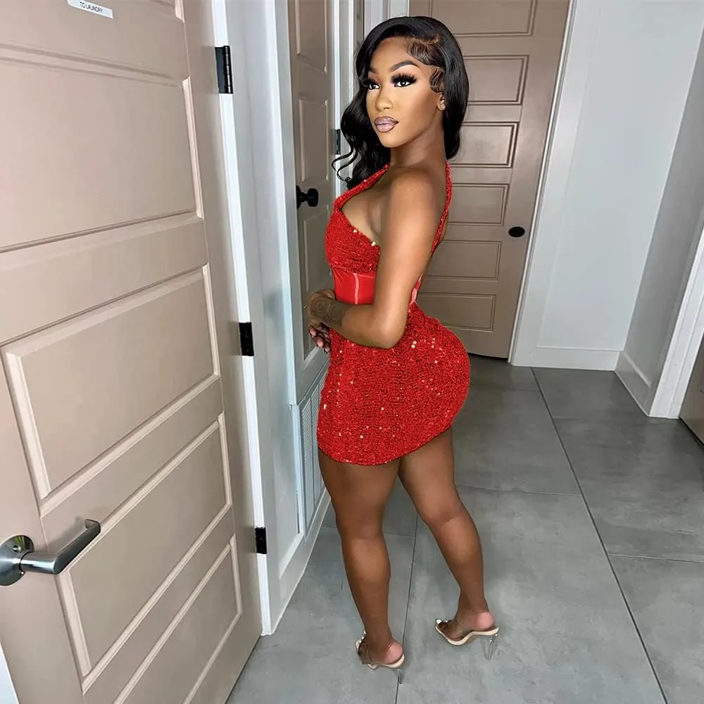 Women's Sexy Elegant Bodycon Dress Party Club Night Outfit Hot Drilling Mini Dress Clubwear