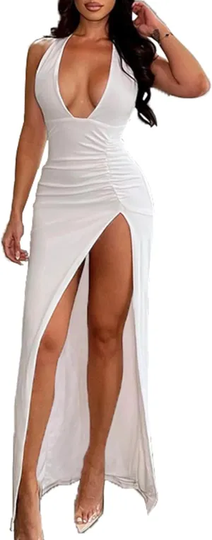 Women's Sexy Halter Deep V Neck Maxi Dresses Sleeveless Backless Split Sundress High Slit Ruched Long Dress