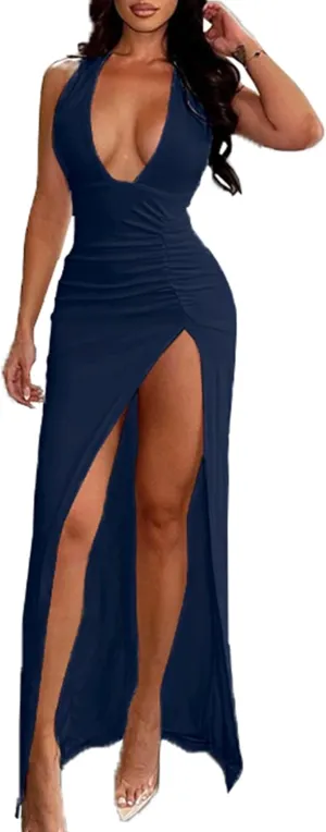 Women's Sexy Halter Deep V Neck Maxi Dresses Sleeveless Backless Split Sundress High Slit Ruched Long Dress